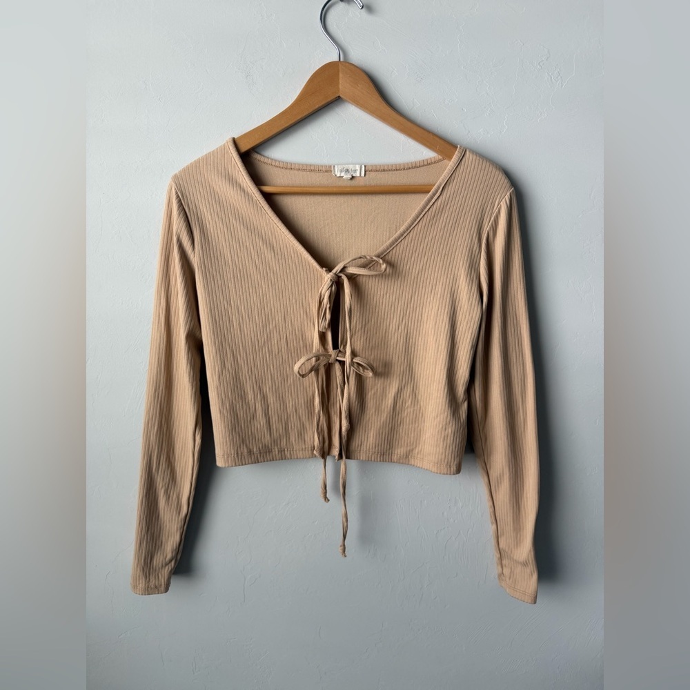Neutral Tie Front Ribbed Crop Top Boho Festive Urban Rose Tan Ribbed Blouse